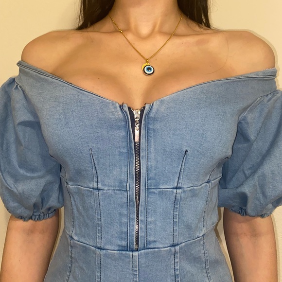 Jean off the shoulder mini cottage dress with zipper - Picture 4 of 5